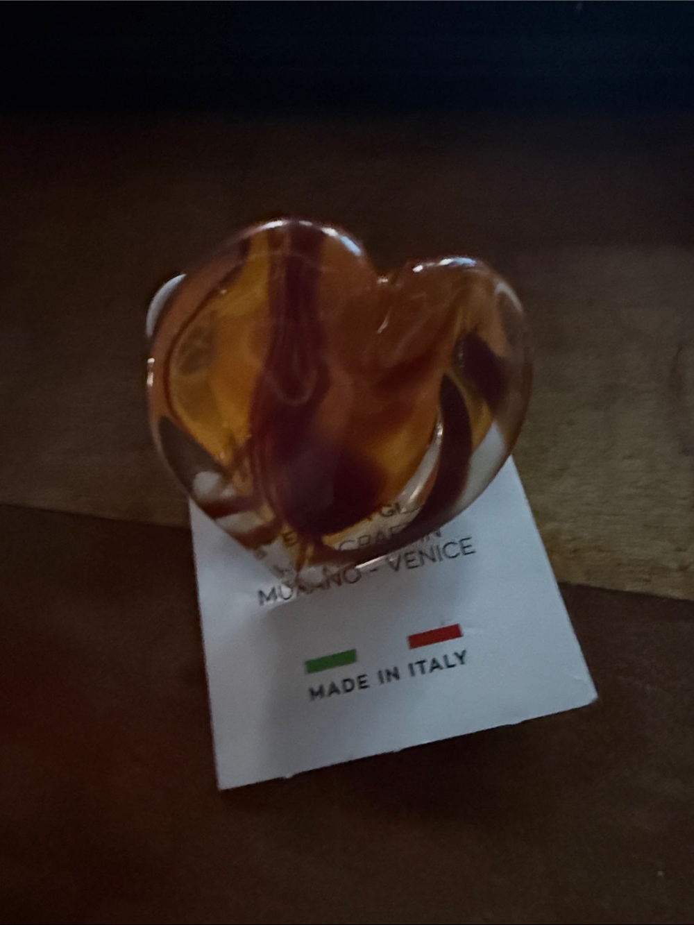 Murano Amber-Brown Swirl Heart Ring